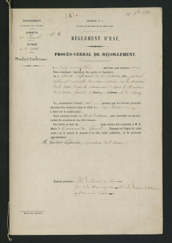 Règlement d'eau du 1er septembre 1860, contrôle des travaux exécutés (22 octobre 1861)