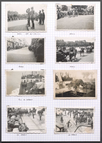 Paris. Le Verdon-sur-Mer (Gironde), défilé d'une colonne hippomobile et passage du bac sur la Gironde.