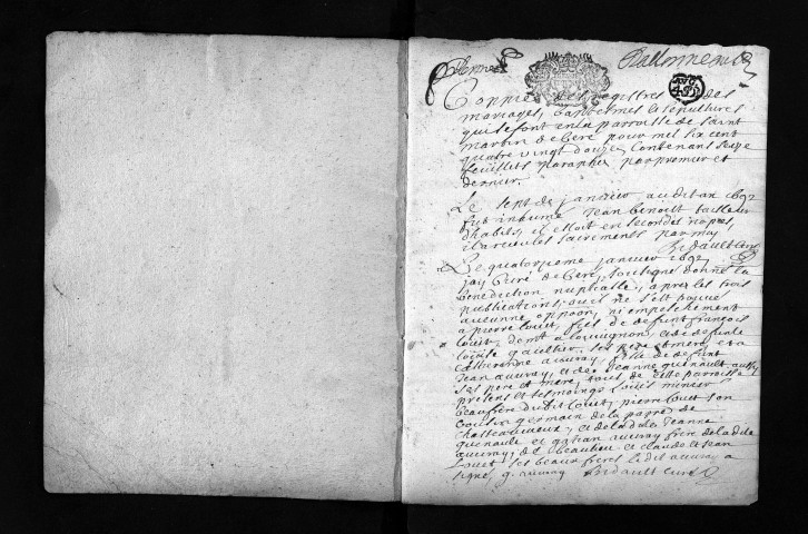 Collection du greffe. Baptêmes, mariages, sépultures, 1692 - Les années 1685-1691 sont lacunaires dans cette collection