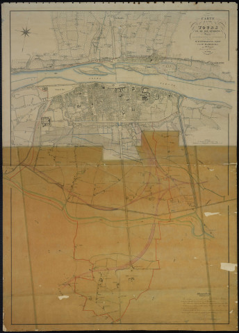 Carte de la ville de Tours et de ses environs dressée sous l'administration et les auspices de M. d'Entraigues, préfet, et de M. Walvein, maire, par M. Gayard, géomètre en chef du cadastre. Editeur Moisy, rue Royale à Tours (1839) : exemplaire avec un calque montrant le territoire de la commune de Saint-Etienne-Extra annexée à Tours en 1845.