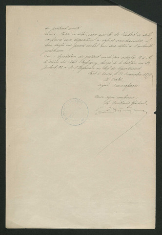 Arrêté préfectoral de mise en demeure d'exécution de travaux (22 décembre 1879)