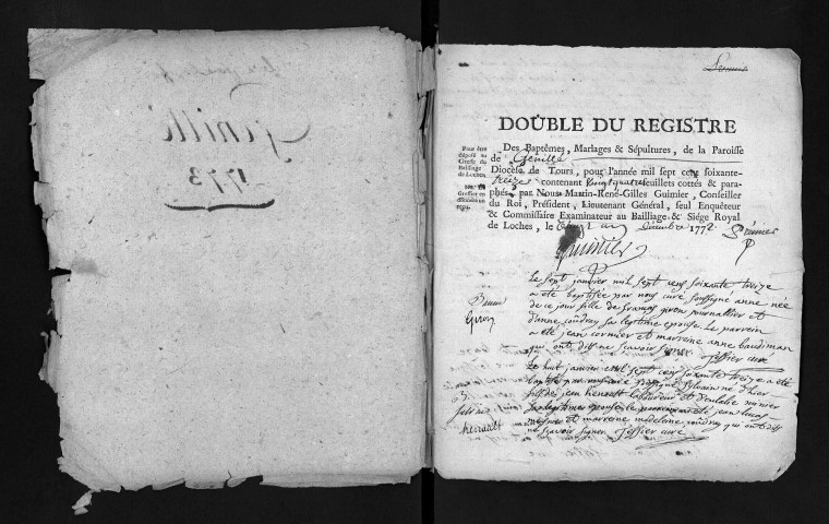 Collection du greffe. Baptêmes, mariages, sépultures, 1773