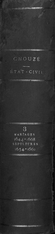 Collection communale. Mariages, avril 1644-juin 1663 (ff. 1-156v) ; sépultures, juillet 1654-novembre 1662 (ff. 242v-157) ; mariages, juin 1663-février 1668 (ff. 247-277)