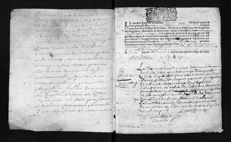 Collection du greffe. Baptêmes, mariages, sépultures, 1699 - L'année 1698 est lacunaire dans cette collection