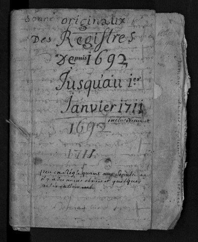 Collection communale. Baptêmes, mariages, sépultures, 27 février 1692-novembre 1711