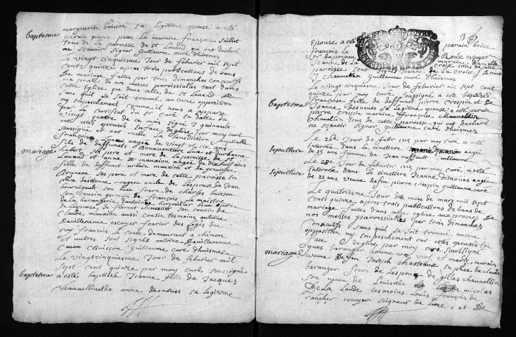 Collection du greffe. Baptêmes, mariages, sépultures, 1715