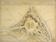 Parc zoologique de Vincennes, annexe du Museum national d'histoire naturelle : plan d'ensemble, avec l'emplacement des animaux marins au centre, 10 juin 1932.