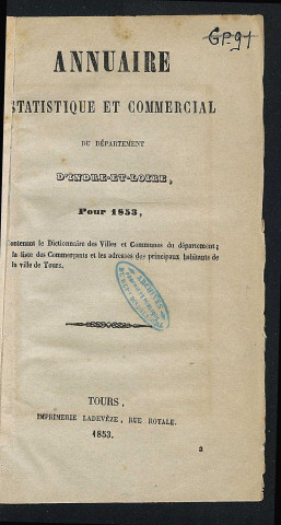 Annuaire statistique et commercial du département de l'Indre-et-Loire - 1853.