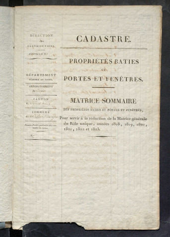 Matrice sommaire des propriétés bâties et portes et fenêtres, pour servir à la rédaction de la matrice générale du rôle unique.