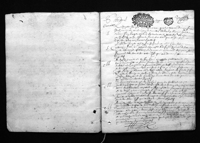 Collection du greffe. Baptêmes, mariages, sépultures, 1692 - L'année 1691 est lacunaire dans cette collection