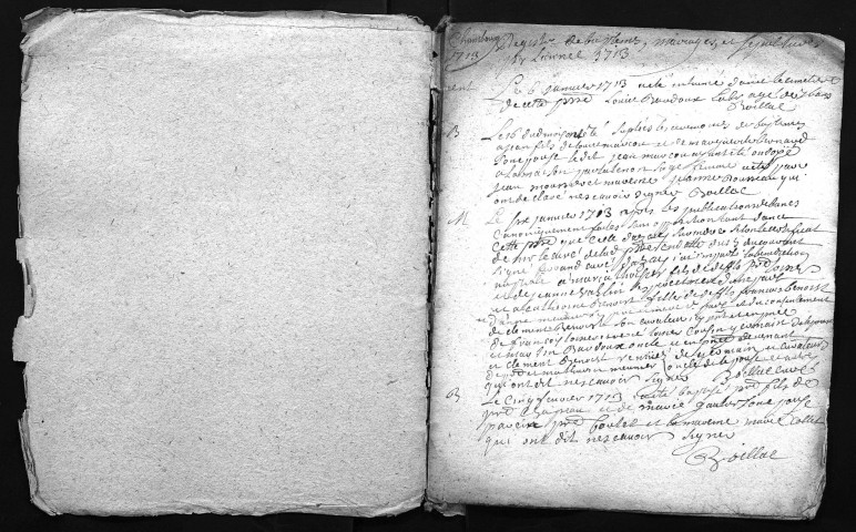Collection du greffe. Baptêmes, mariages, sépultures, 1713 - L'année 1712 est lacunaire dans les deux collections