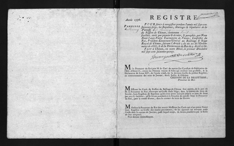 Collection du greffe. Baptêmes, mariages, sépultures, 1776