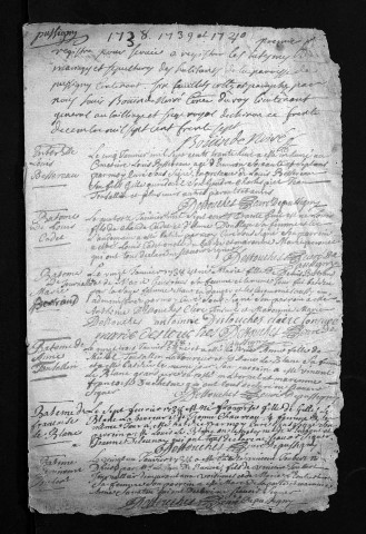 Baptêmes, mariages, sépultures, 1738-1740