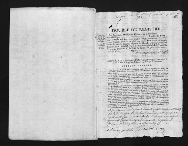 Collection du greffe. Baptêmes, mariages, sépultures, 1780