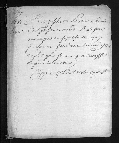 Collection du greffe. Baptêmes, mariages, sépultures, 1734