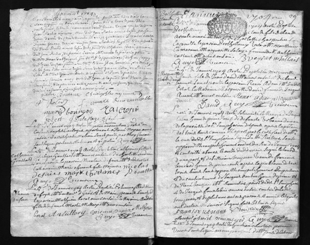 Collection communale. Baptêmes, mariages, sépultures, 7 janvier 1704-8 janvier 1708
