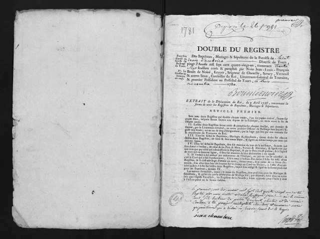 Collection du greffe. Baptêmes, mariages, sépultures, 1781