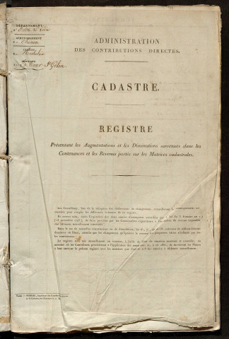 Registre présentant les augmentations et les diminutions survenues dans les contenances et les revenus portés sur les matrices cadastrales, 1839-1914 ; récapitulation des contenances et des revenus imposables, 1838 ; matrice des propriétés foncières, fol. 1 à 460.