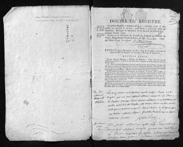 Collection du greffe. Baptêmes, mariages, sépultures, 1792