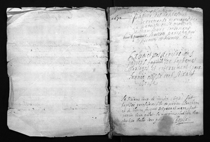 Collection du greffe. Baptêmes, mariages, sépultures, 1672