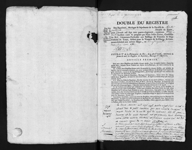 Collection du greffe. Baptêmes, mariages, sépultures, 1783