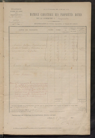 Matrice des propriétés bâties ; augmentations et diminutions, 1883-1891 ; séparation des revenus cadastraux afférents, pour l'année 1882, aux propriétés bâties et non bâties (état-balance) ; table alphabétique des propriétaires.