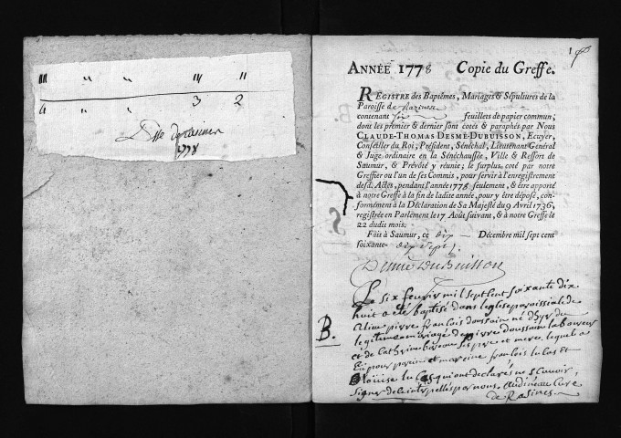 Collection du greffe. Baptêmes, mariages, sépultures, 1778