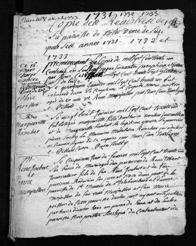 Collection du greffe. Baptêmes, mariages, sépultures, 1731-1733