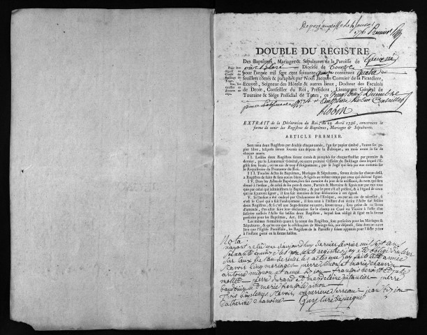 Collection du greffe. Baptêmes, mariages, sépultures, 1775-1776