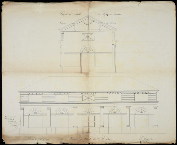Halles (1826-1936). Projet des nouvelles halles (1844). Projet de restauration (1934). Caserne de gendarmerie (1828-1940)