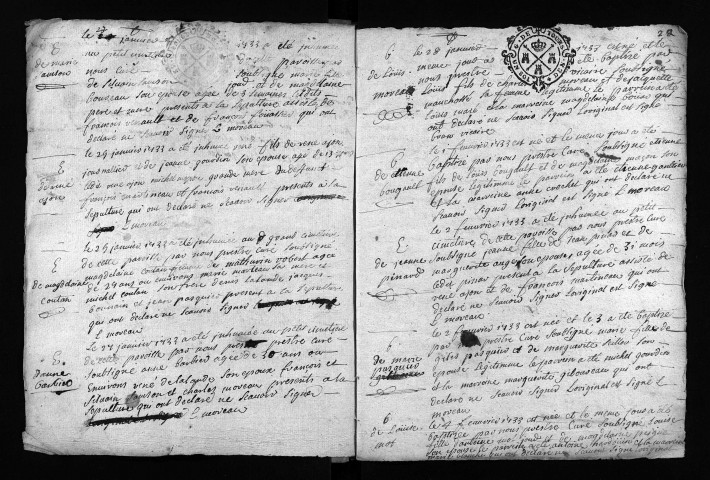 Collection du greffe. Baptêmes, mariages, sépultures, 1733