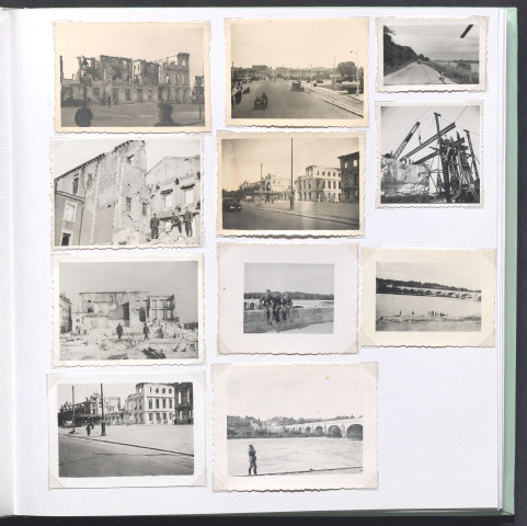 Bâtiments en ruine, soldats allemands, rue Nationale à Tours et Pont Wilson.