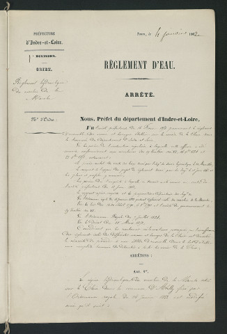 Règlement hydraulique du moulin de la Marche (4 janvier 1862)
