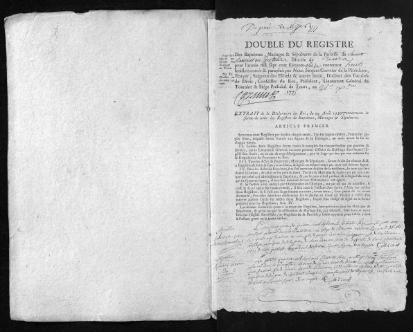 Collection du greffe. Baptêmes, mariages, sépultures, 1776