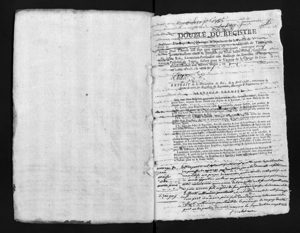 Collection du greffe. Baptêmes, mariages, sépultures, 1784