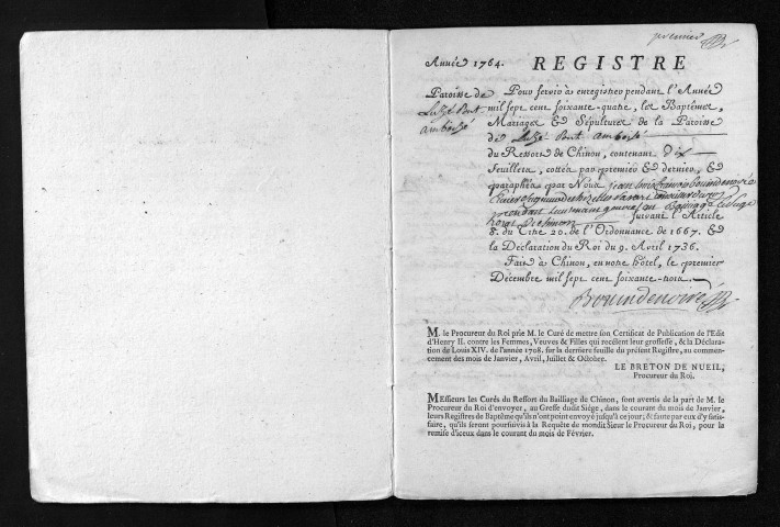 Collection du greffe. Baptêmes, mariages, sépultures, 1764