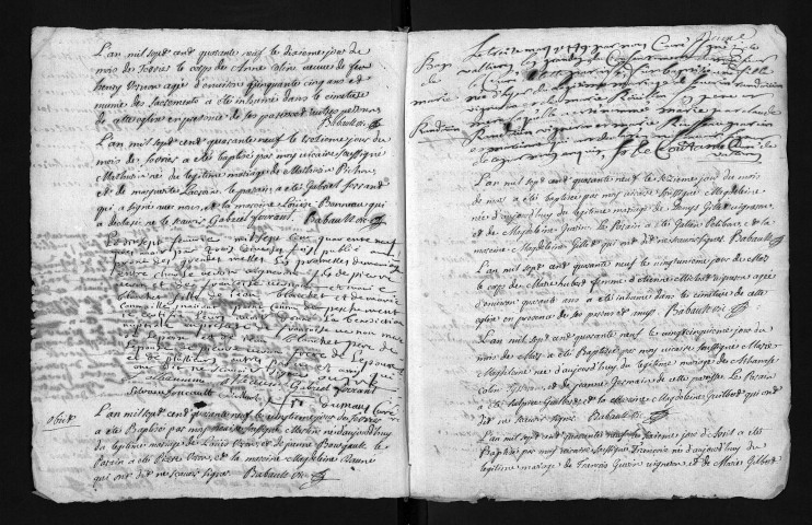 Collection du greffe. Baptêmes, mariages, sépultures, 1749-1750