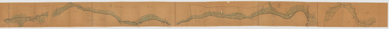 Plan général de la rivière de la Ligoire et des moulins situés sur ce cours d'eau dans les communes de Mouzay, Vou, Bournan et Civray [Sepmes] (1er mars 1855)