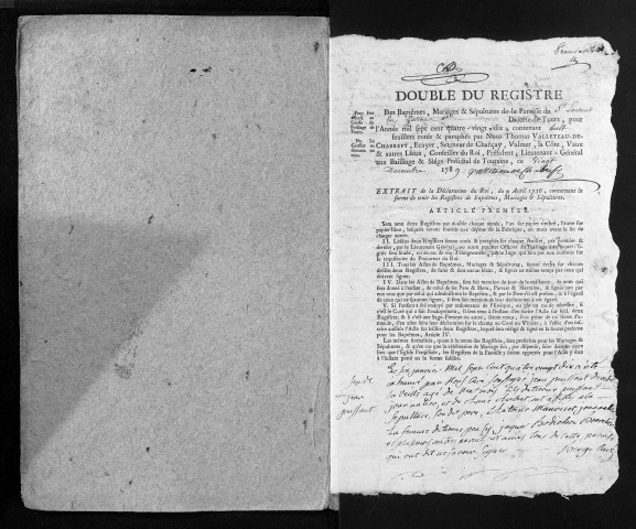 Collection du greffe. Baptêmes, mariages, sépultures, 1790