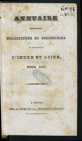 Annuaire du département de l'Indre-et-Loire - 1839.