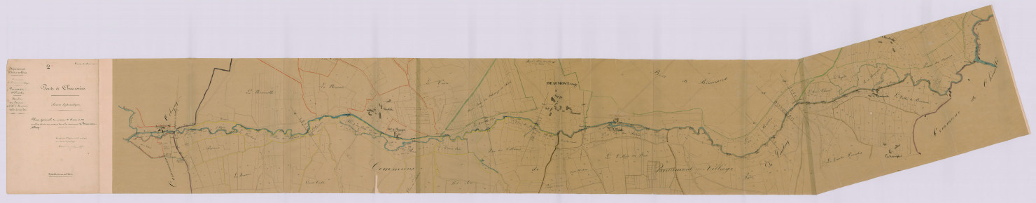 Plan général du ruisseau comprenant les moulins des Barres, de Saint-martin et de Bréviande (15 juillet 1852)