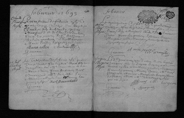Collection communale. Baptêmes, mariages, sépultures, 9 février 1693-22 décembre 1710