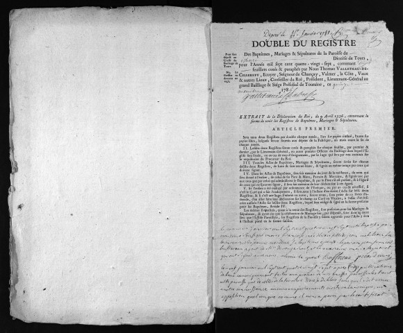 Collection du greffe. Baptêmes, mariages, sépultures, 1787