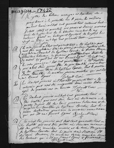 Collection du greffe. Baptêmes, mariages, sépultures, 1743