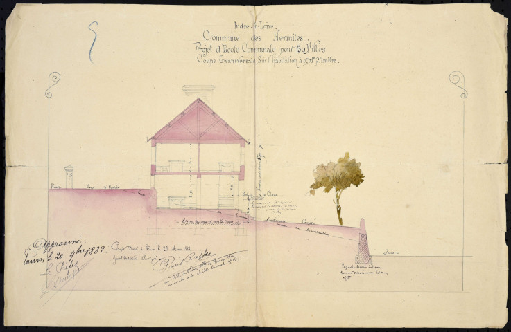 Projet de construction d'une école de filles et d'un logement pour l'institutrice, 6 plans : 1 coupe des lieux (1882) ; 1 plan de la façade principale (1882) ; 1 plan de la façade postérieure (1882) ; 1 coupe transversale de l'habitation (1882) ; 1 description du mobilier (1882) ; 1 plan de relevé d'exécution (1885).