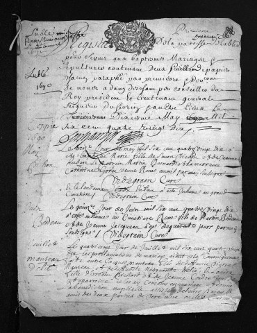 Collection du greffe. Baptêmes, mariages, sépultures, 1690 - L'année 1689 est lacunaire dans cette collection