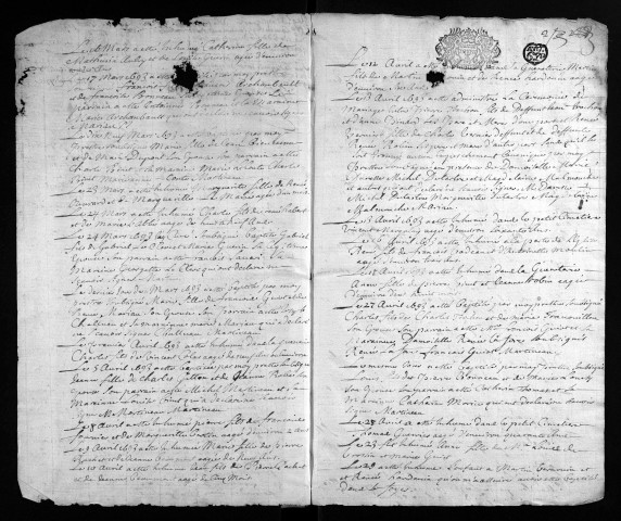 Baptêmes, mariages, sépultures, 1693 - Les années 1694 et 1698-1700 sont lacunaires dans la collection du greffe