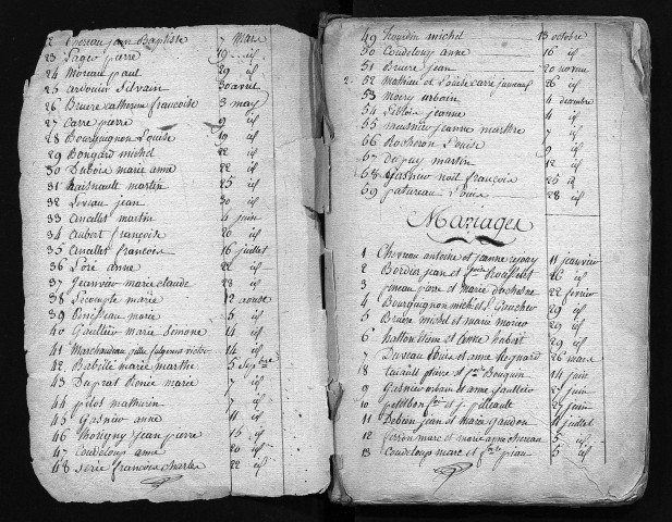 Collection communale. Table chronologique des baptêmes, mariages, sépultures, 1740-1761