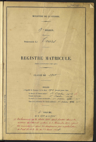 Classe 1910. Matricules n°1501-1859