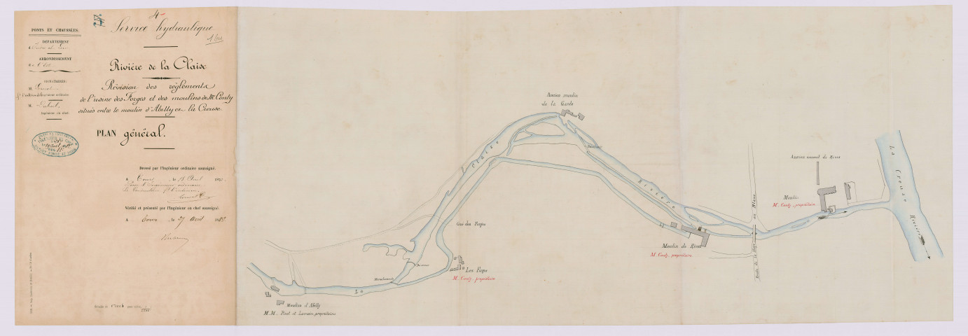 Révision des règlements de l'usine des Forges et des moulins de M. Conty situés entre le moulin d'Abilly et la Creuse. Plan général (18 avril 1852)
